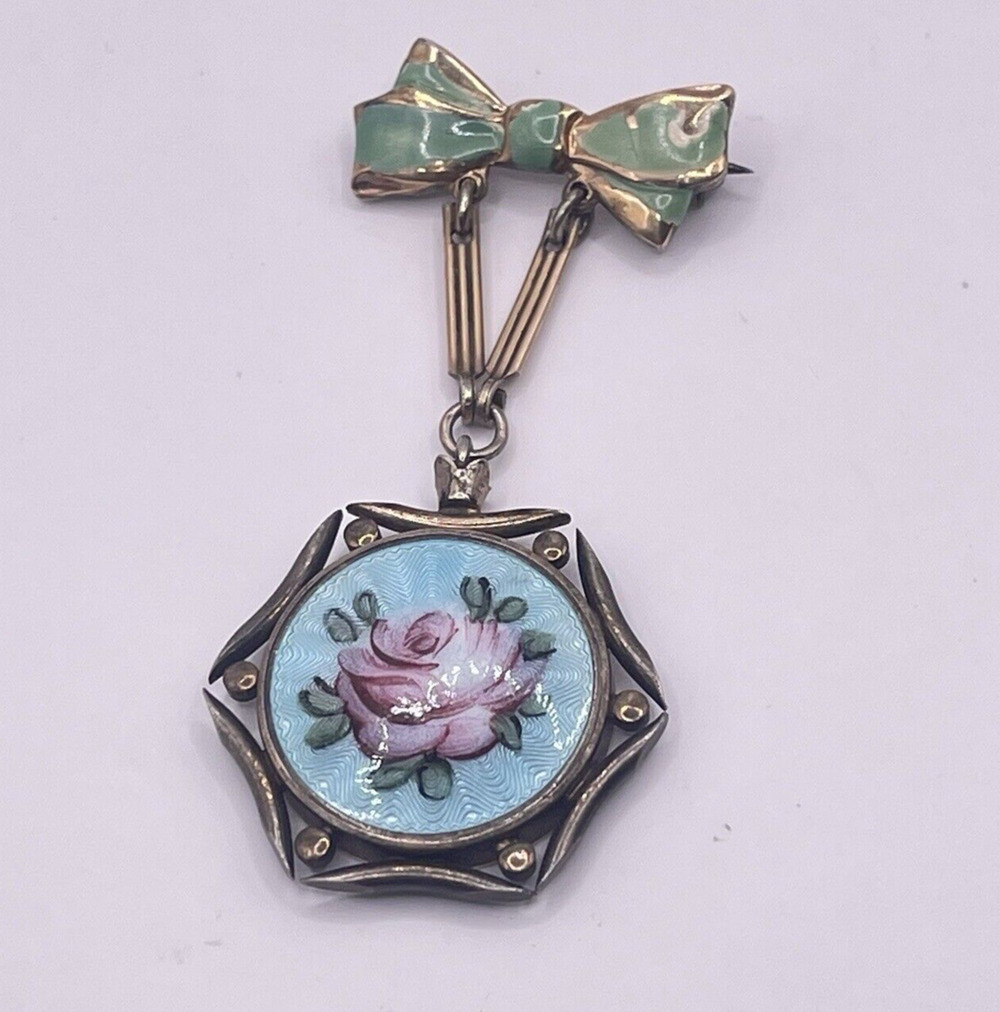 Antique Enamel Rose Guilloche Croton Lapel Pin Brooch French Vintage Green Blue